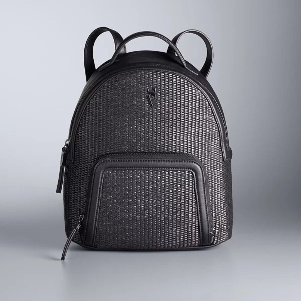 Simply Vera Wang Black Woven Straw Faux Leather Backpack Purse